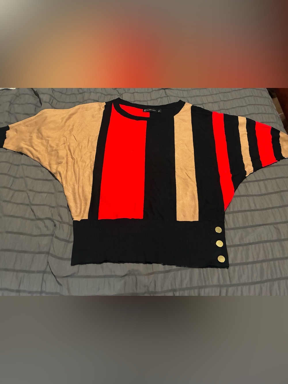 New York & Company Colorblock Crewneck Sweater - Black, Red & Tan